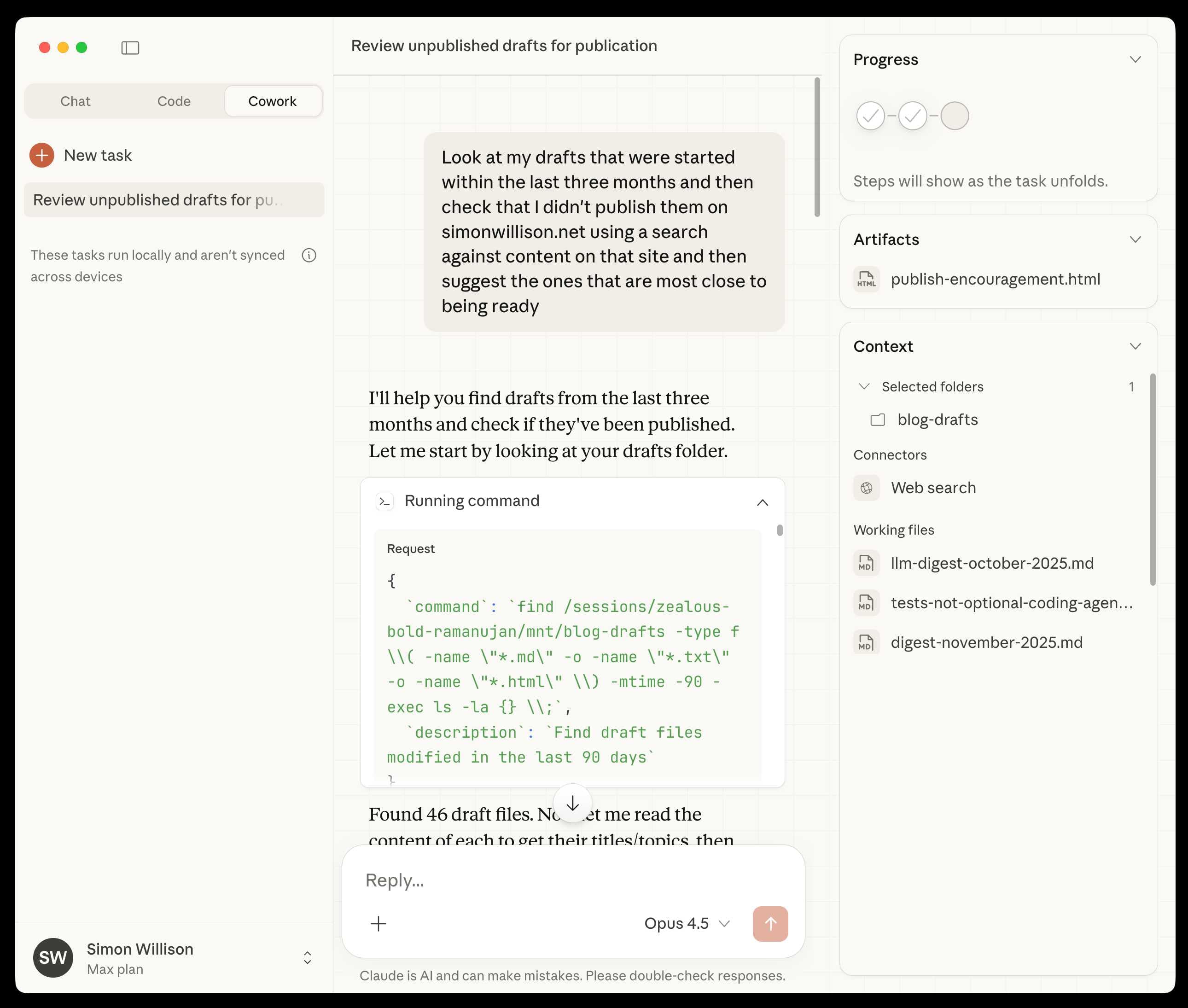 Claude Cowork 데스크톱 앱 인터페이스